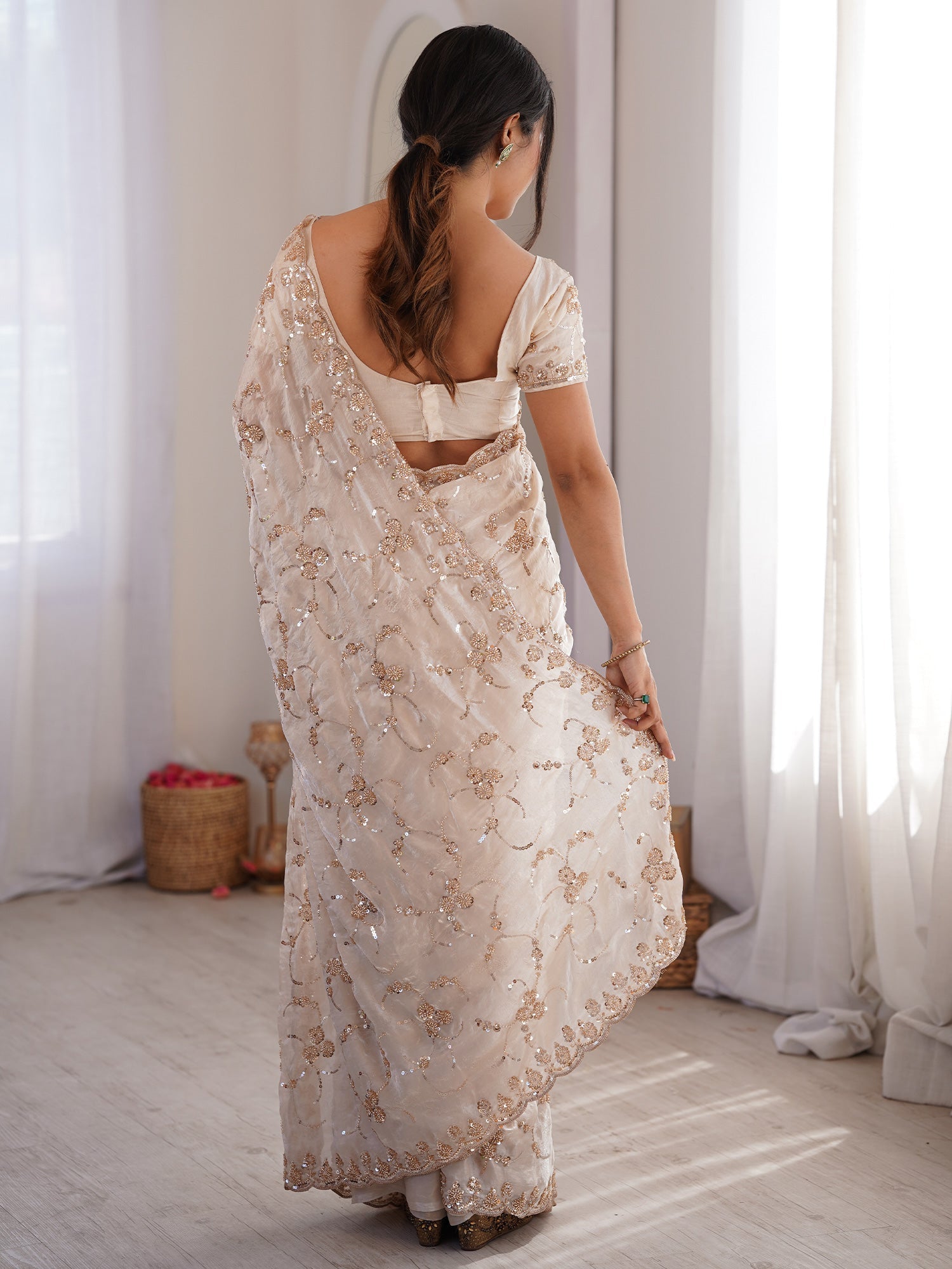 Cream Embroidered Organza Saree with Cutwork Border - Ressa