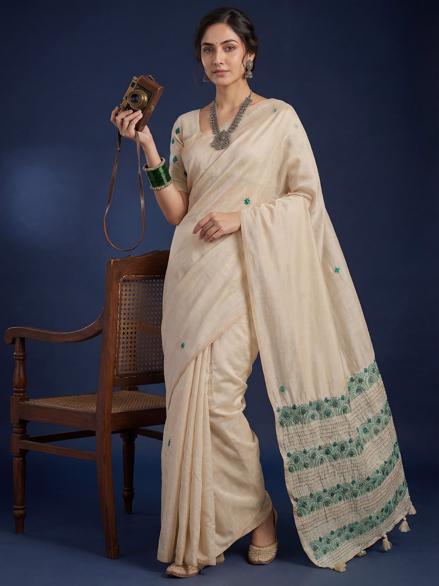 Cream Embroidered Tussar Silk Saree - Ressa