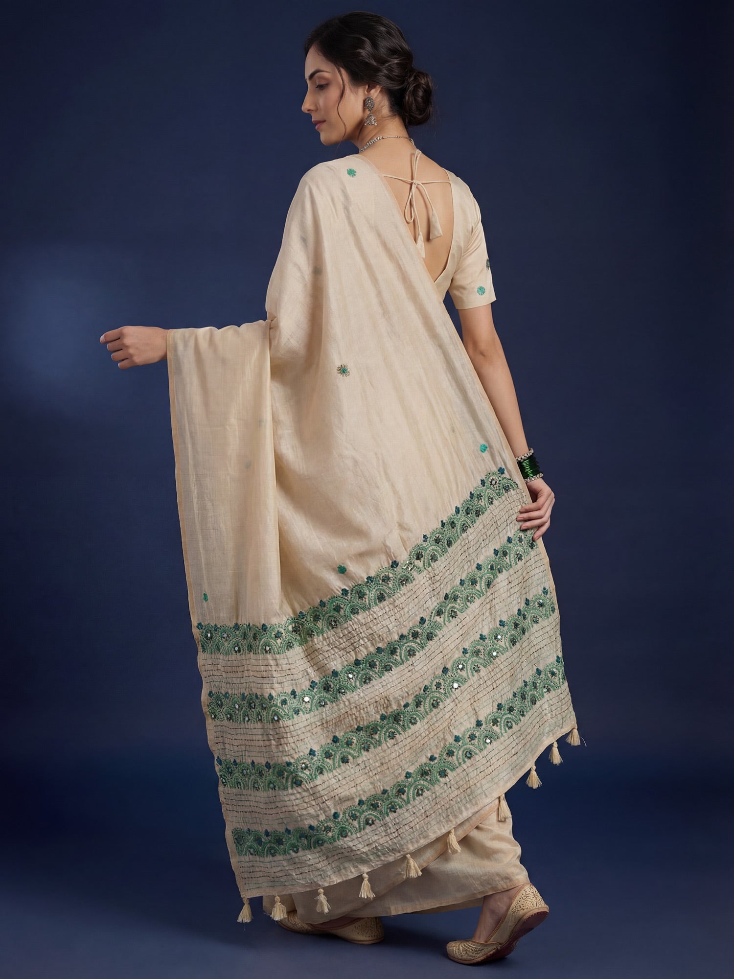 Cream Embroidered Tussar Silk Saree - Ressa