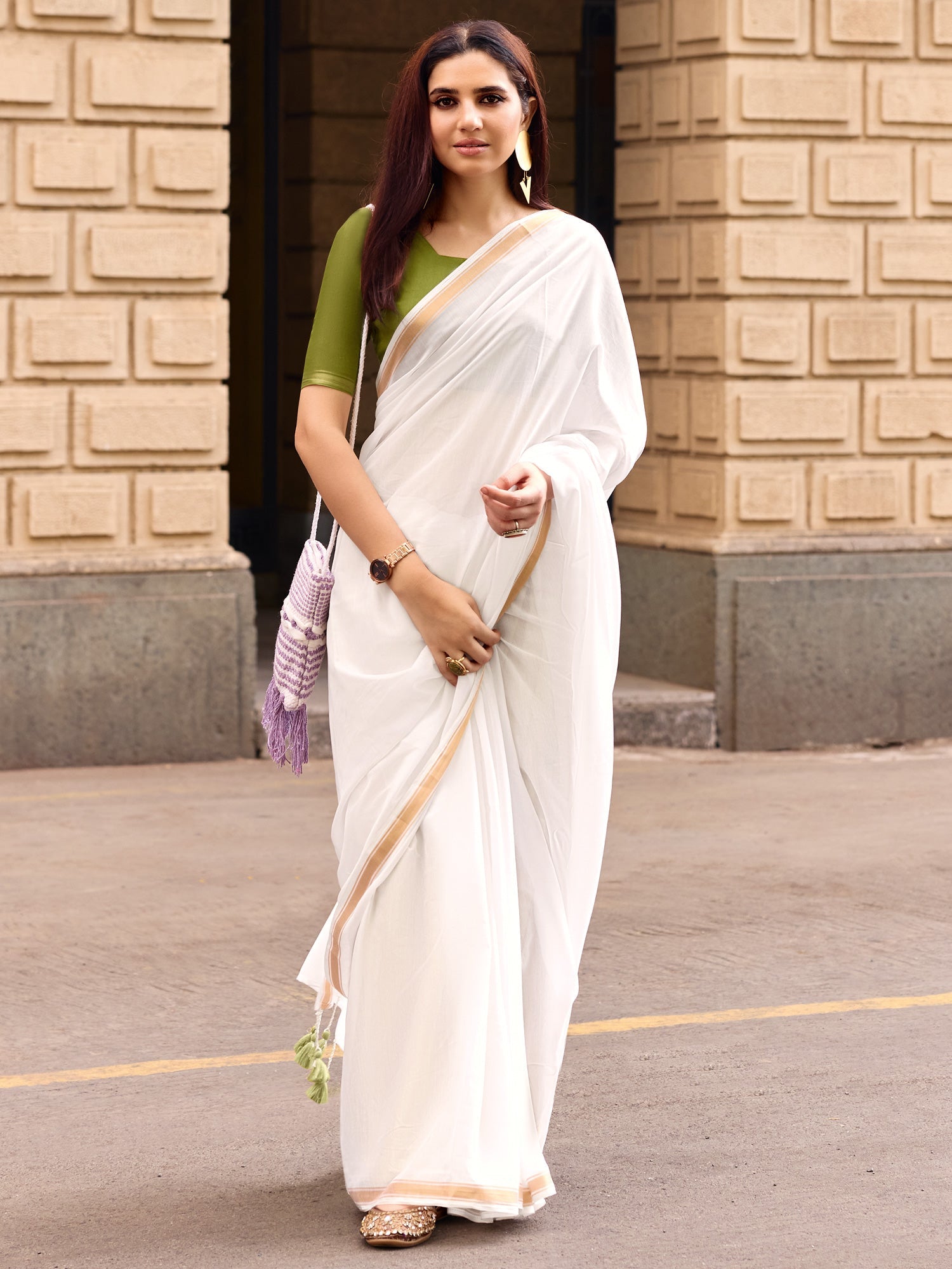 Cream Floral Block Print Saree - Ressa