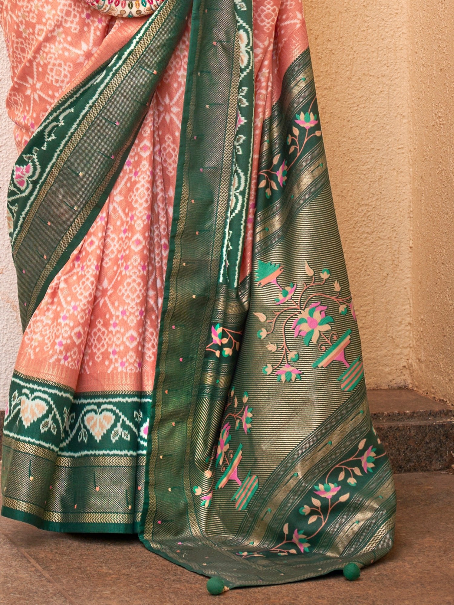 Cream & Green Ikat Foil Print Saree - Ressa