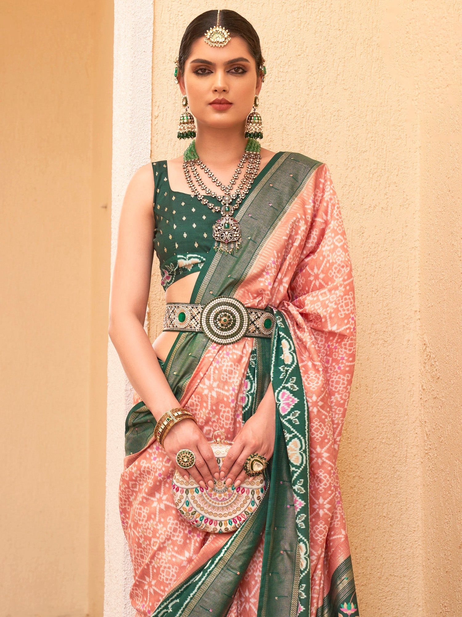Cream & Green Ikat Foil Print Saree - Ressa