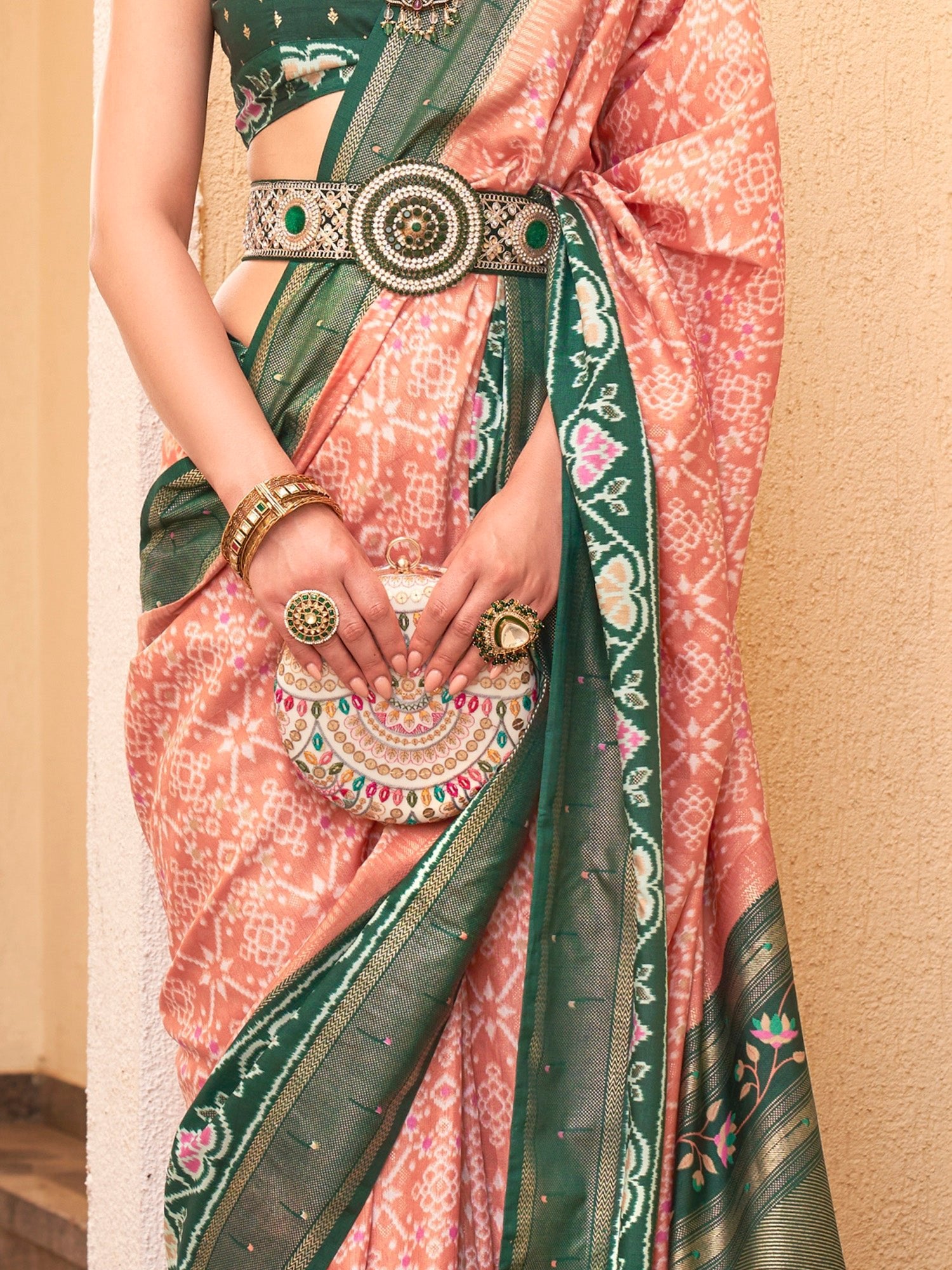 Cream & Green Ikat Foil Print Saree - Ressa