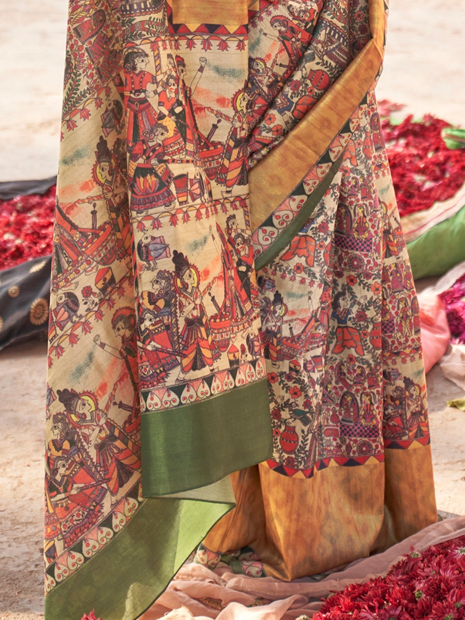 Cream Kalamkari Silk Saree with Multicolour Mythological Narrative Print, Forest Green & Gold Border & Kalamkari Blouse - Ressa