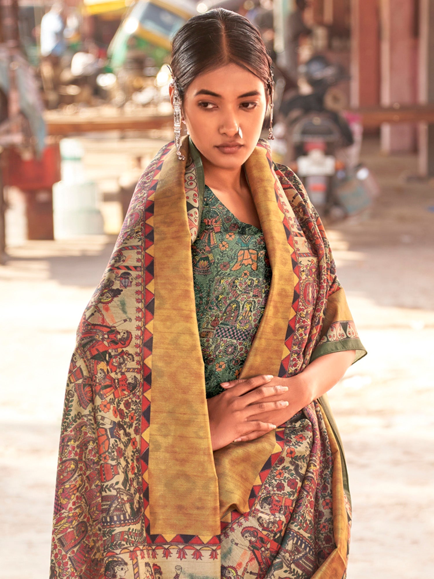 Cream Kalamkari Silk Saree with Multicolour Mythological Narrative Print, Forest Green & Gold Border & Kalamkari Blouse - Ressa