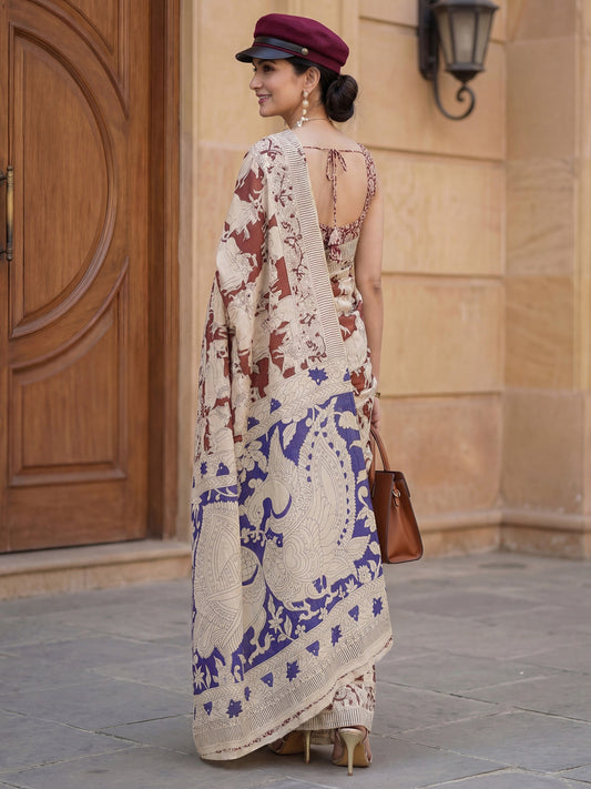 Cream Madhubani Printed Saree - Ressa
