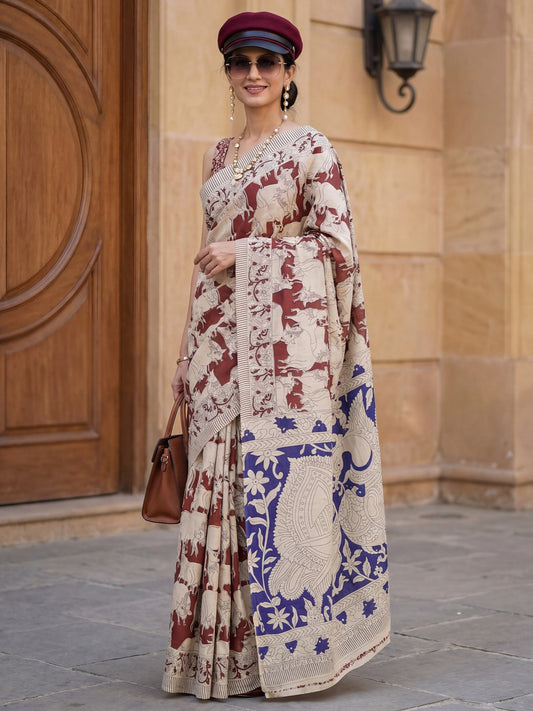 Cream Madhubani Printed Saree - Ressa