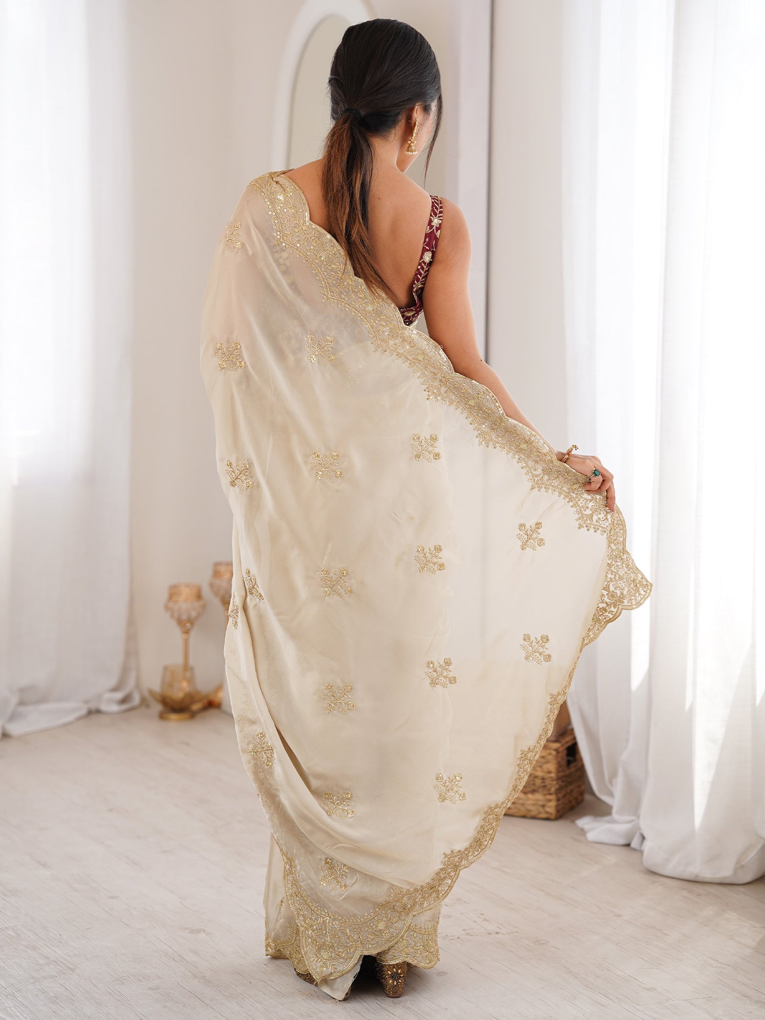 Cream Metallic Tissue Silk Saree - Ressa