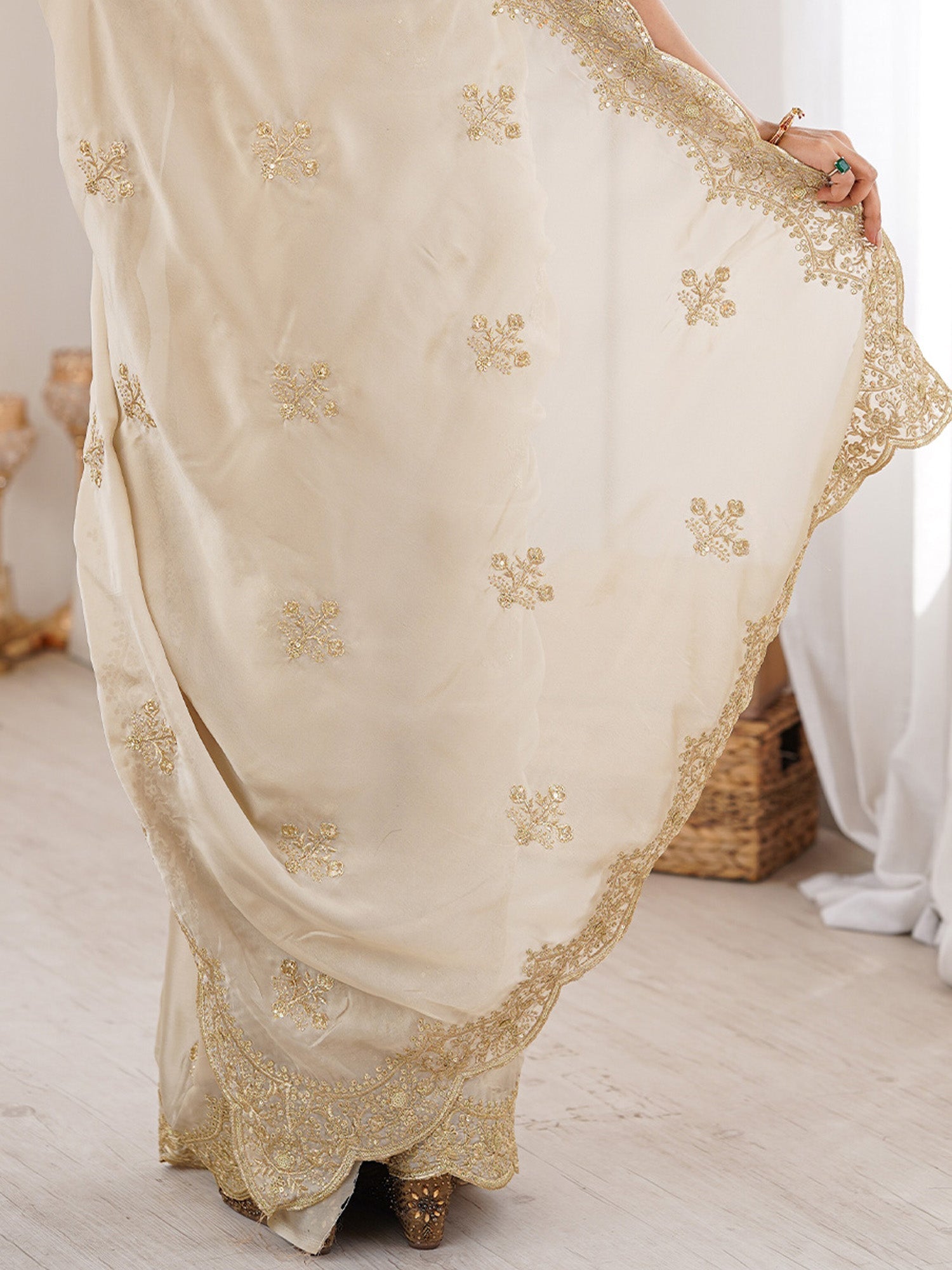 Cream Metallic Tissue Silk Saree - Ressa