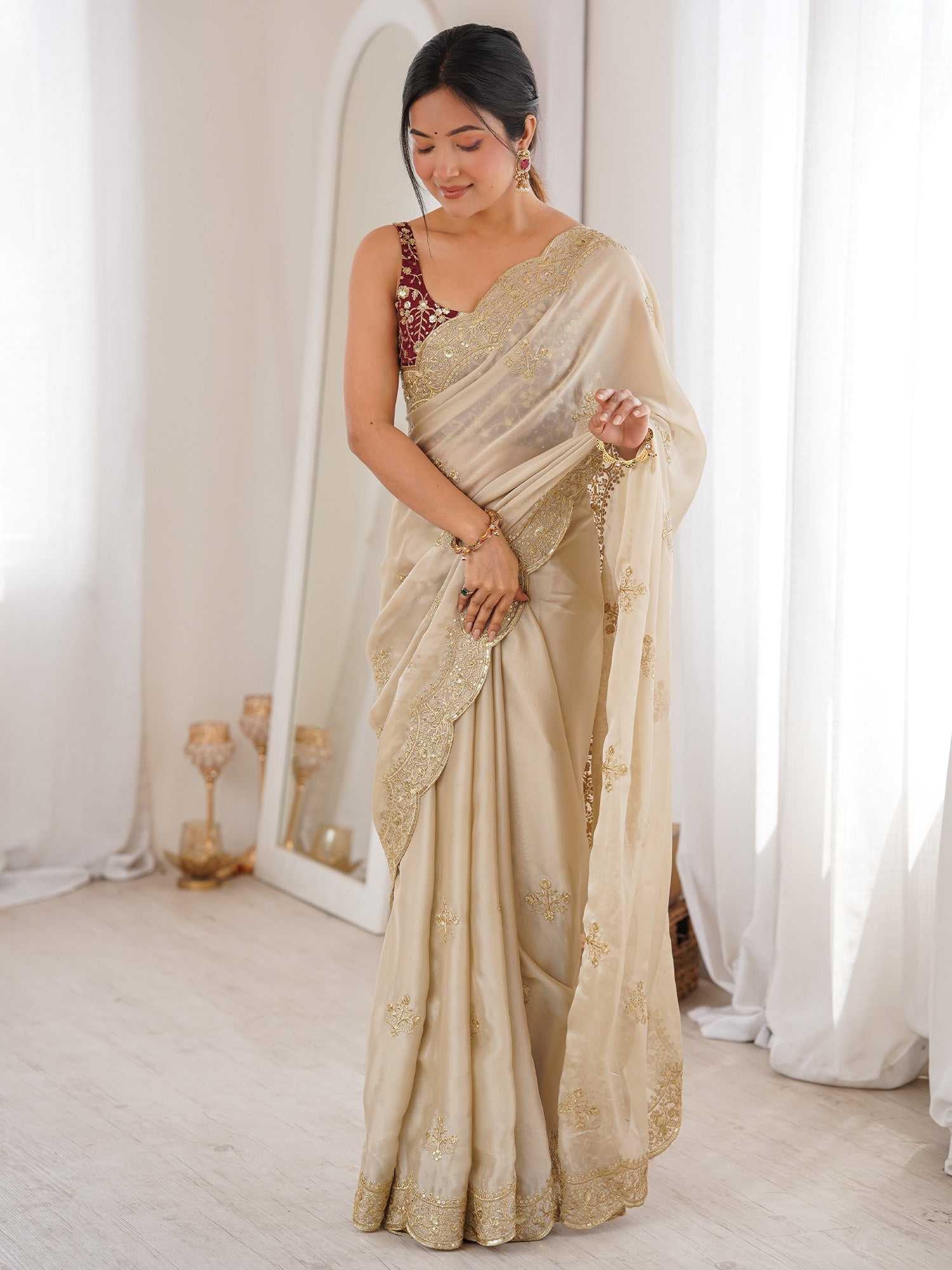 Cream Metallic Tissue Silk Saree - Ressa