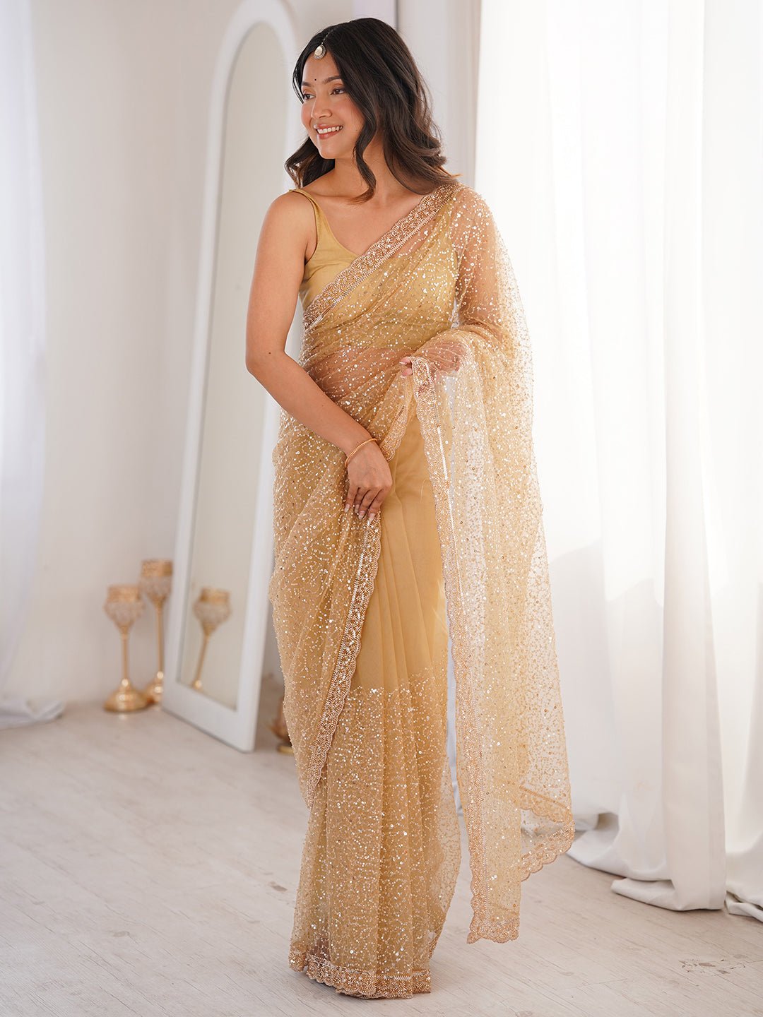 Cream Net Emblished Party Wear Saree - Ressa