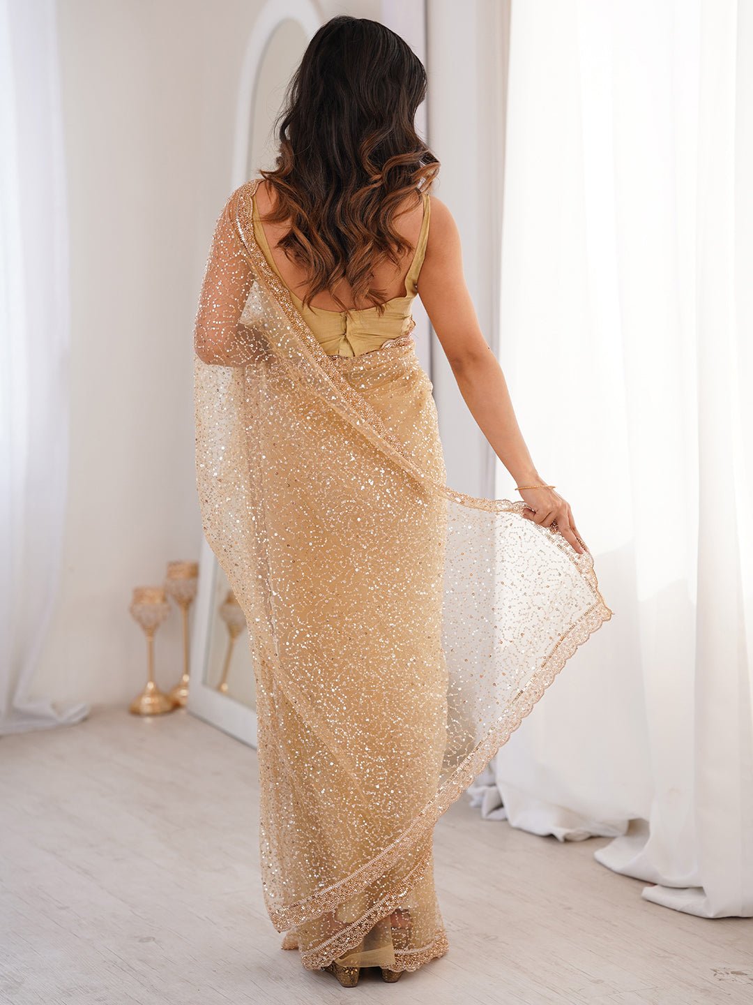 Cream Net Emblished Party Wear Saree - Ressa