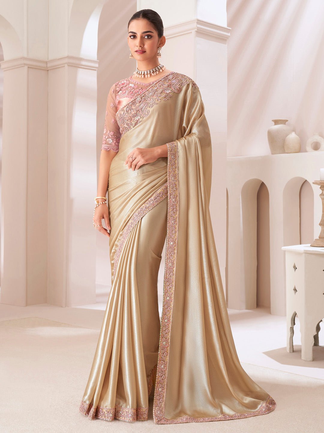 Cream & Peach Chiffon Saree - Ressa