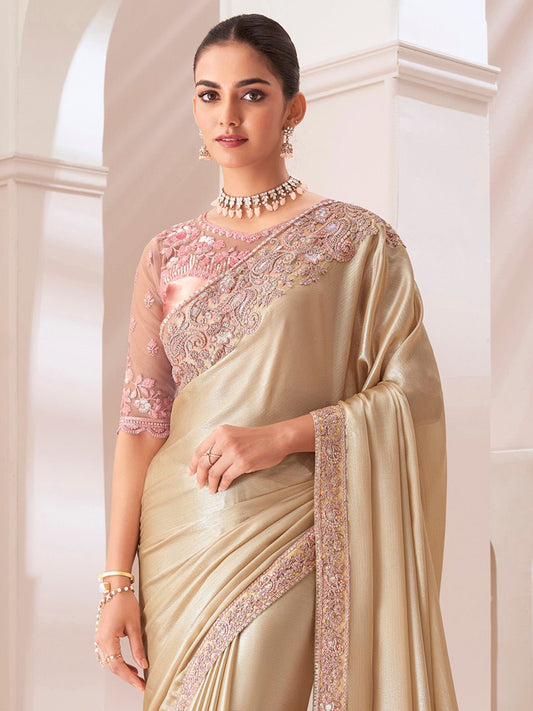 Cream & Peach Chiffon Saree - Ressa