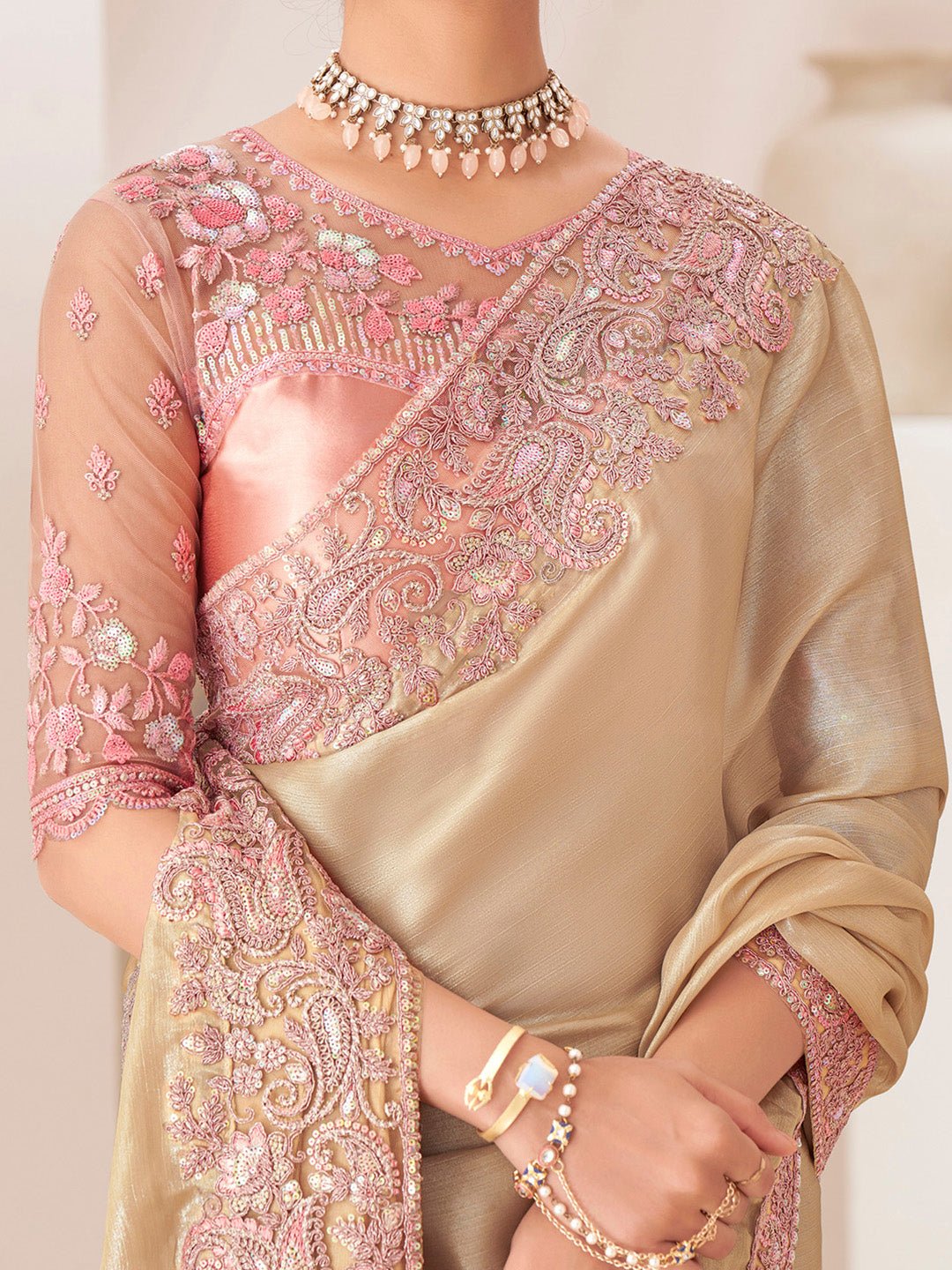 Cream & Peach Chiffon Saree - Ressa