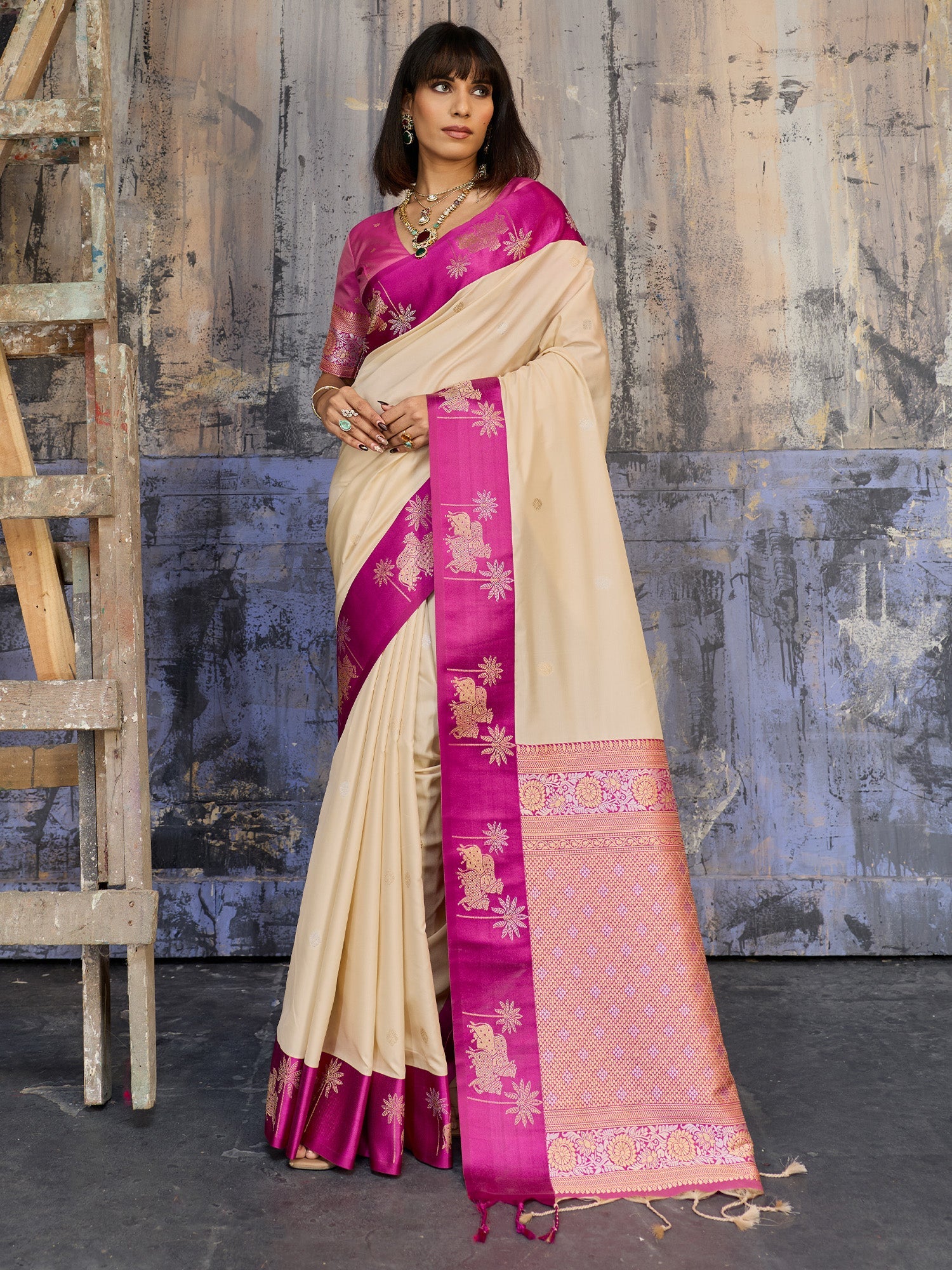Cream & Pink Banarasi Silk Blend Saree - Ressa