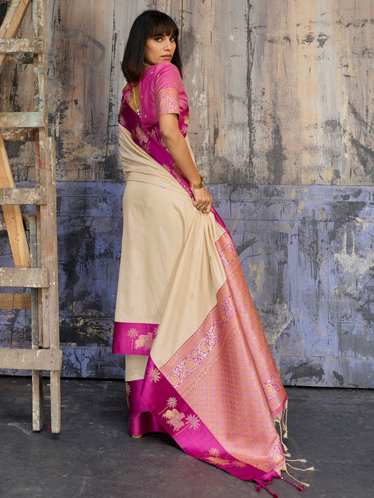 Cream & Pink Banarasi Silk Blend Saree - Ressa