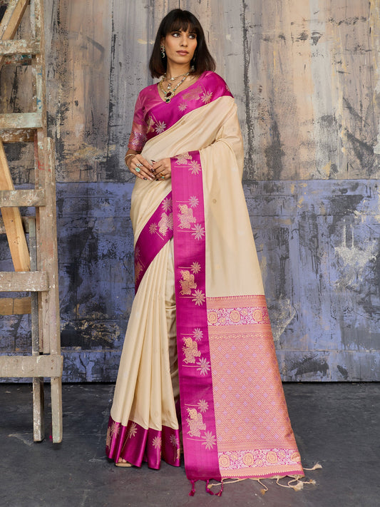 Cream & Pink Banarasi Silk Blend Saree - Ressa