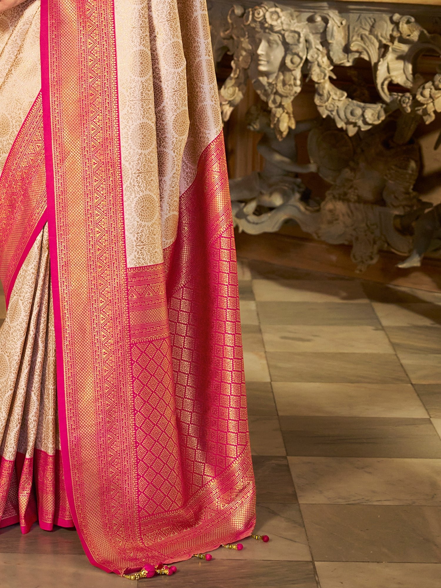 Cream Rani Pink Banarasi Silk Saree - Ressa