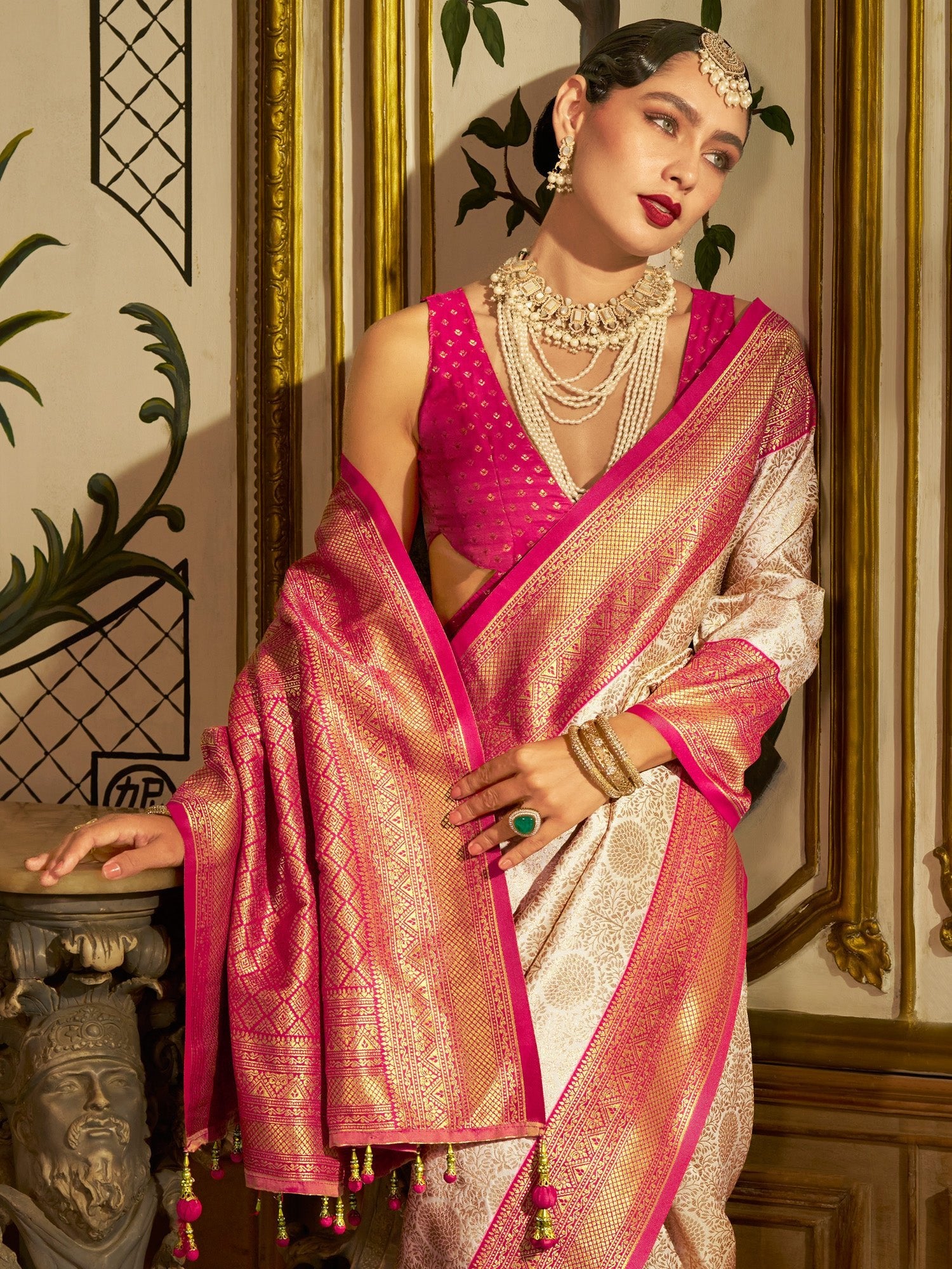 Cream Rani Pink Banarasi Silk Saree - Ressa