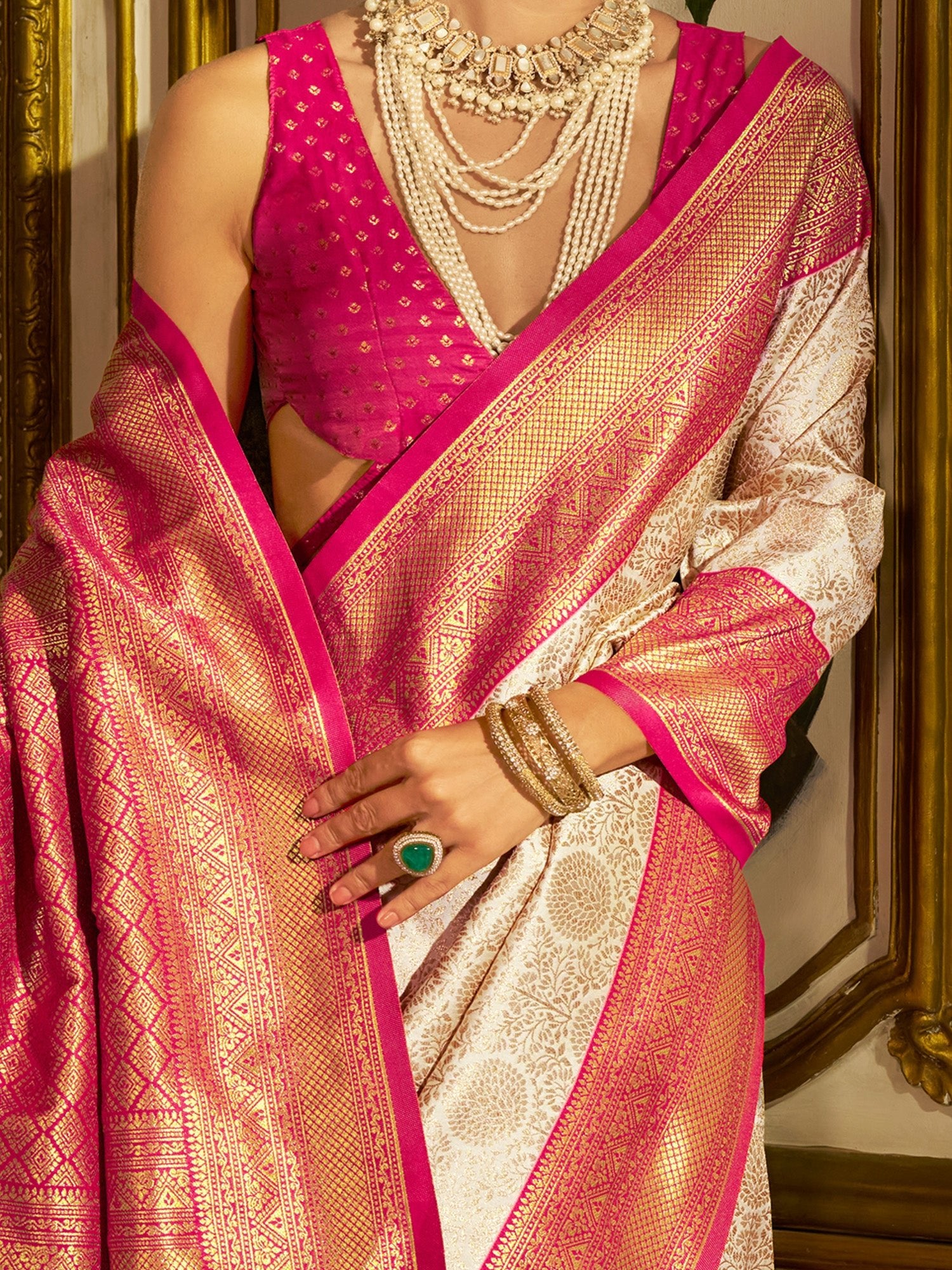 Cream Rani Pink Banarasi Silk Saree - Ressa