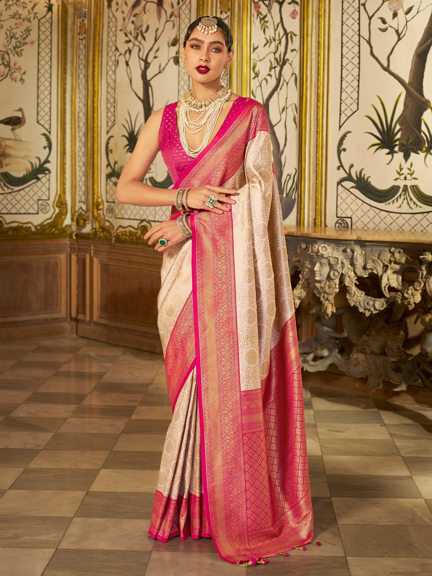 Cream Rani Pink Banarasi Silk Saree - Ressa
