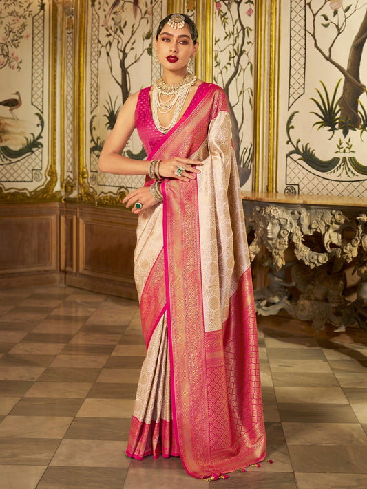 Cream Rani Pink Banarasi Silk Saree - Ressa