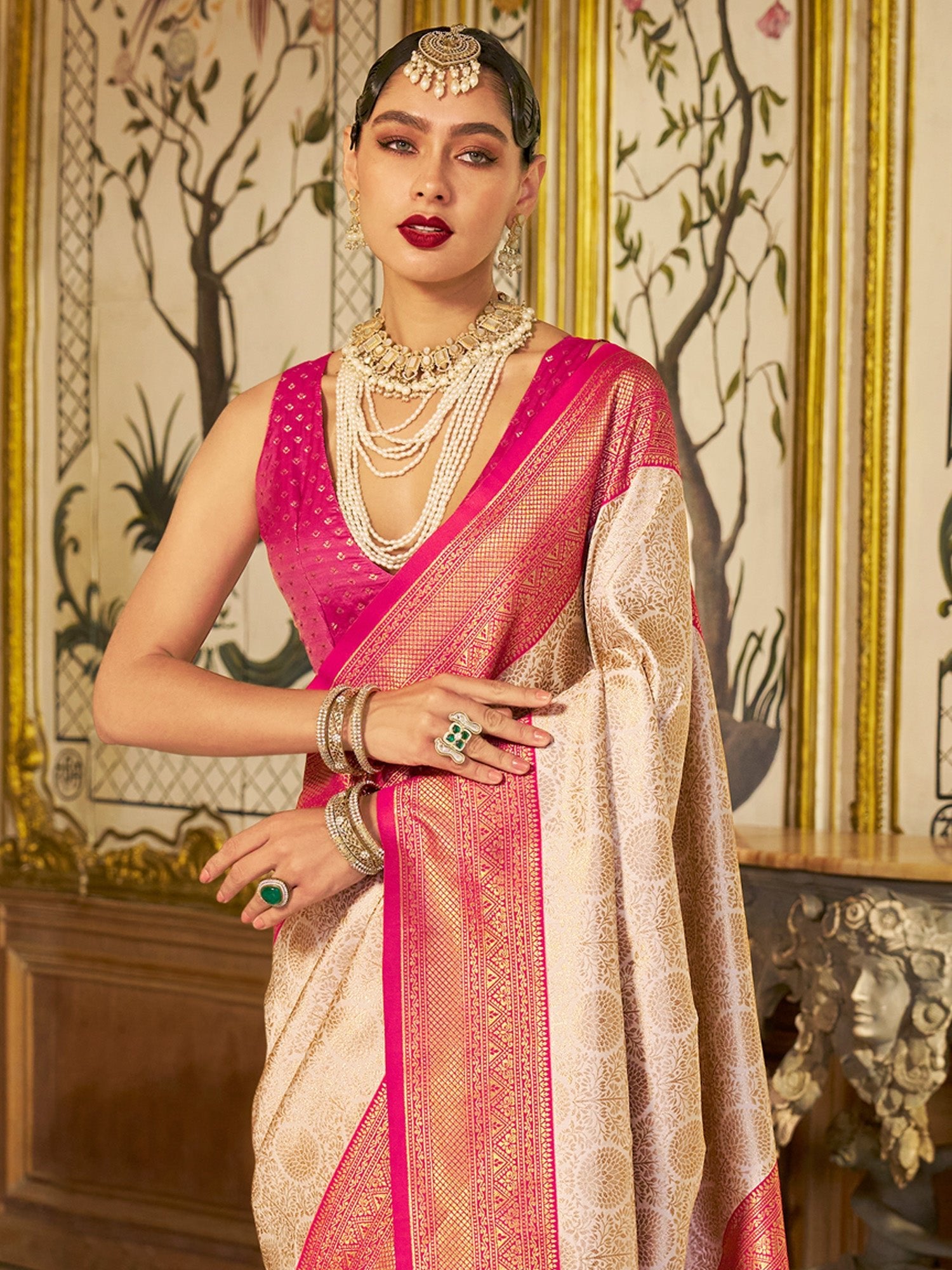 Cream Rani Pink Banarasi Silk Saree - Ressa