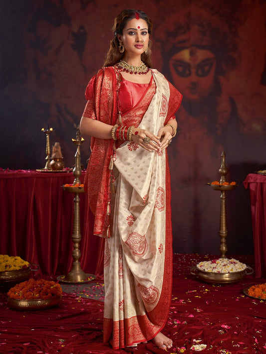 Cream & Red Banarasi Satin Silk Zari Woven Saree - Ressa