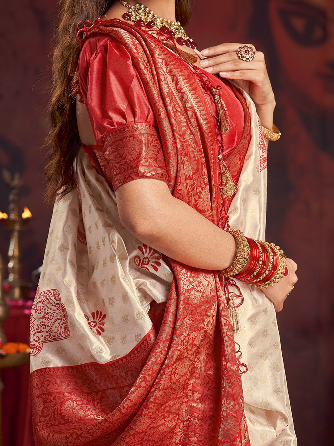 Cream & Red Banarasi Satin Silk Zari Woven Saree - Ressa