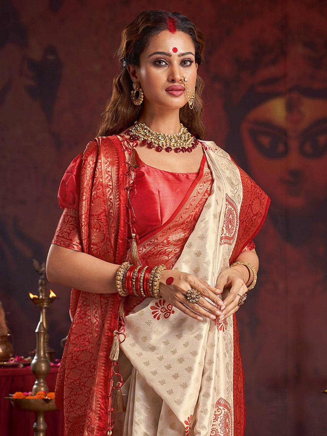 Cream & Red Banarasi Satin Silk Zari Woven Saree - Ressa
