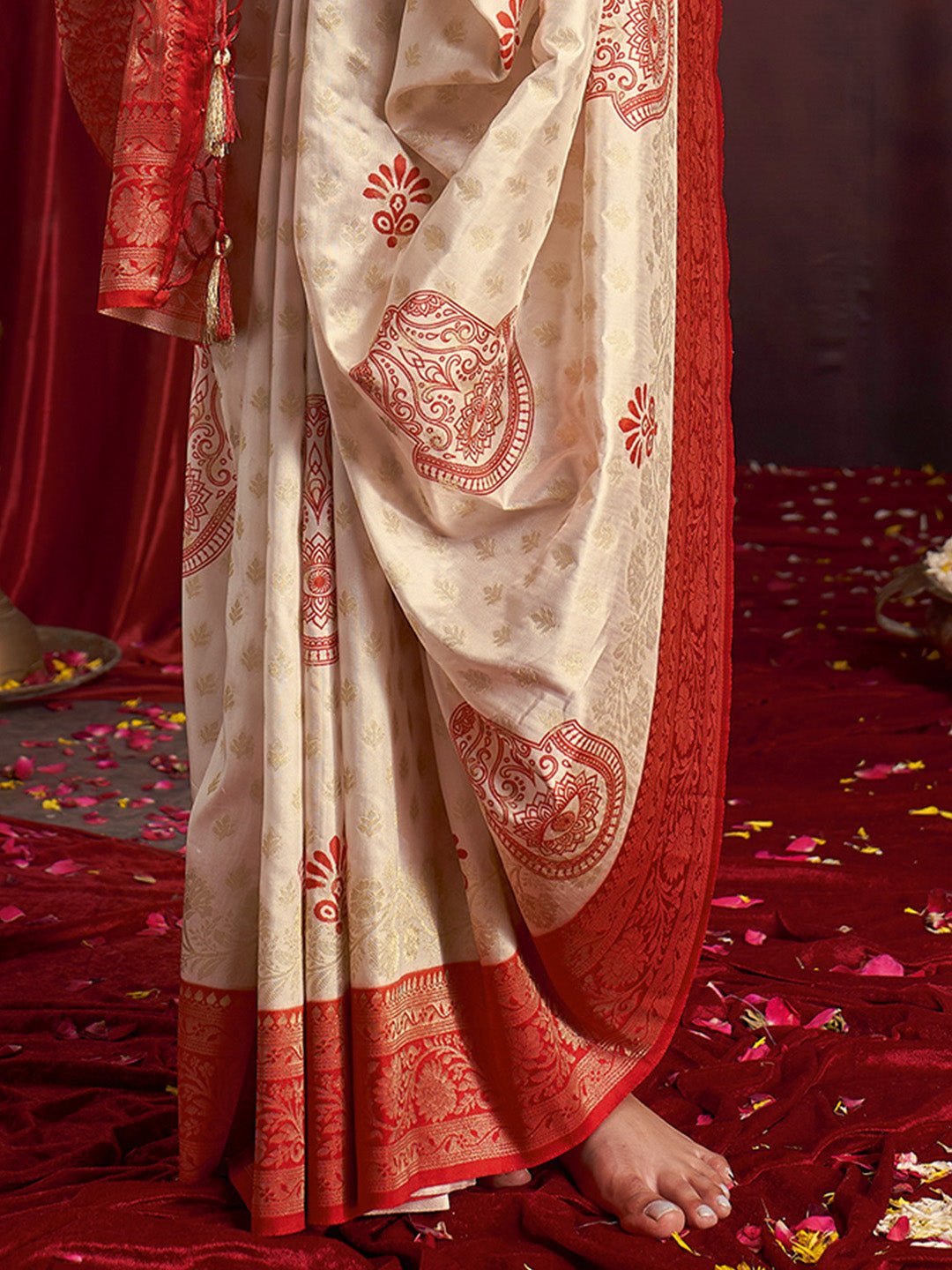 Cream & Red Banarasi Satin Silk Zari Woven Saree - Ressa