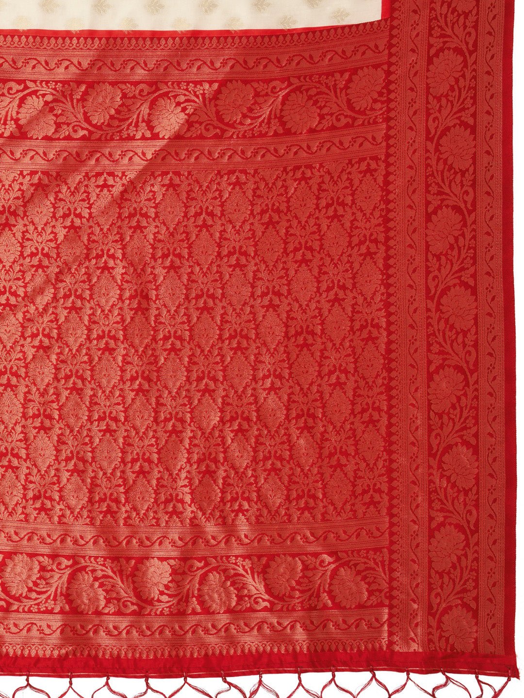 Cream & Red Banarasi Satin Silk Zari Woven Saree - Ressa