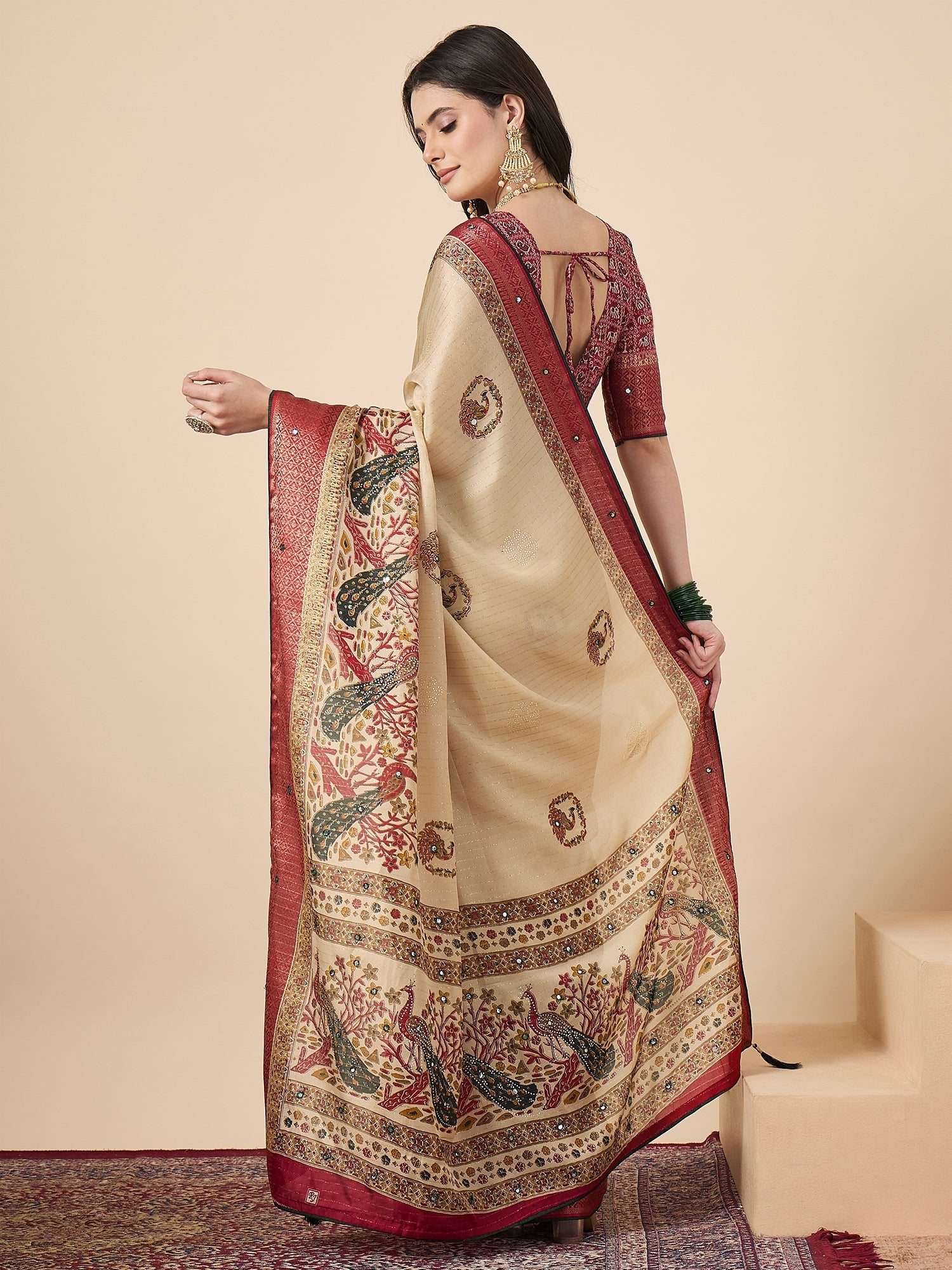 Cream & Red Kalamkari Silk Saree with Peacock Motifs - Ressa