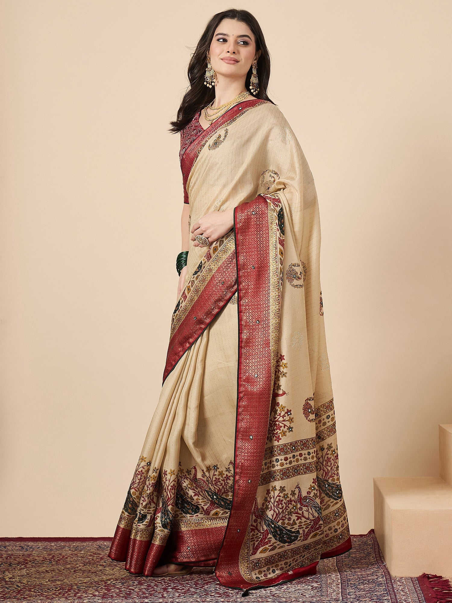 Cream & Red Kalamkari Silk Saree with Peacock Motifs - Ressa