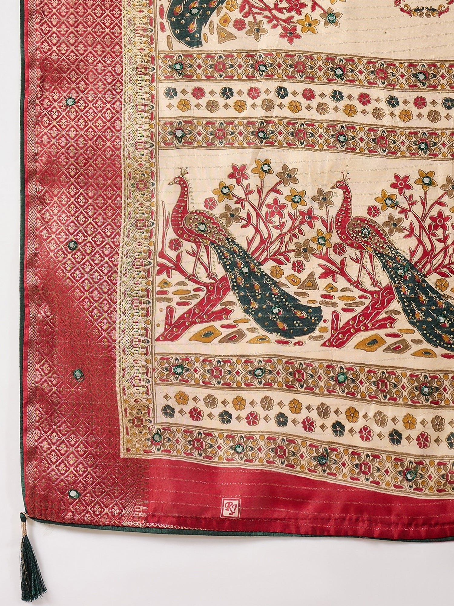 Cream & Red Kalamkari Silk Saree with Peacock Motifs - Ressa