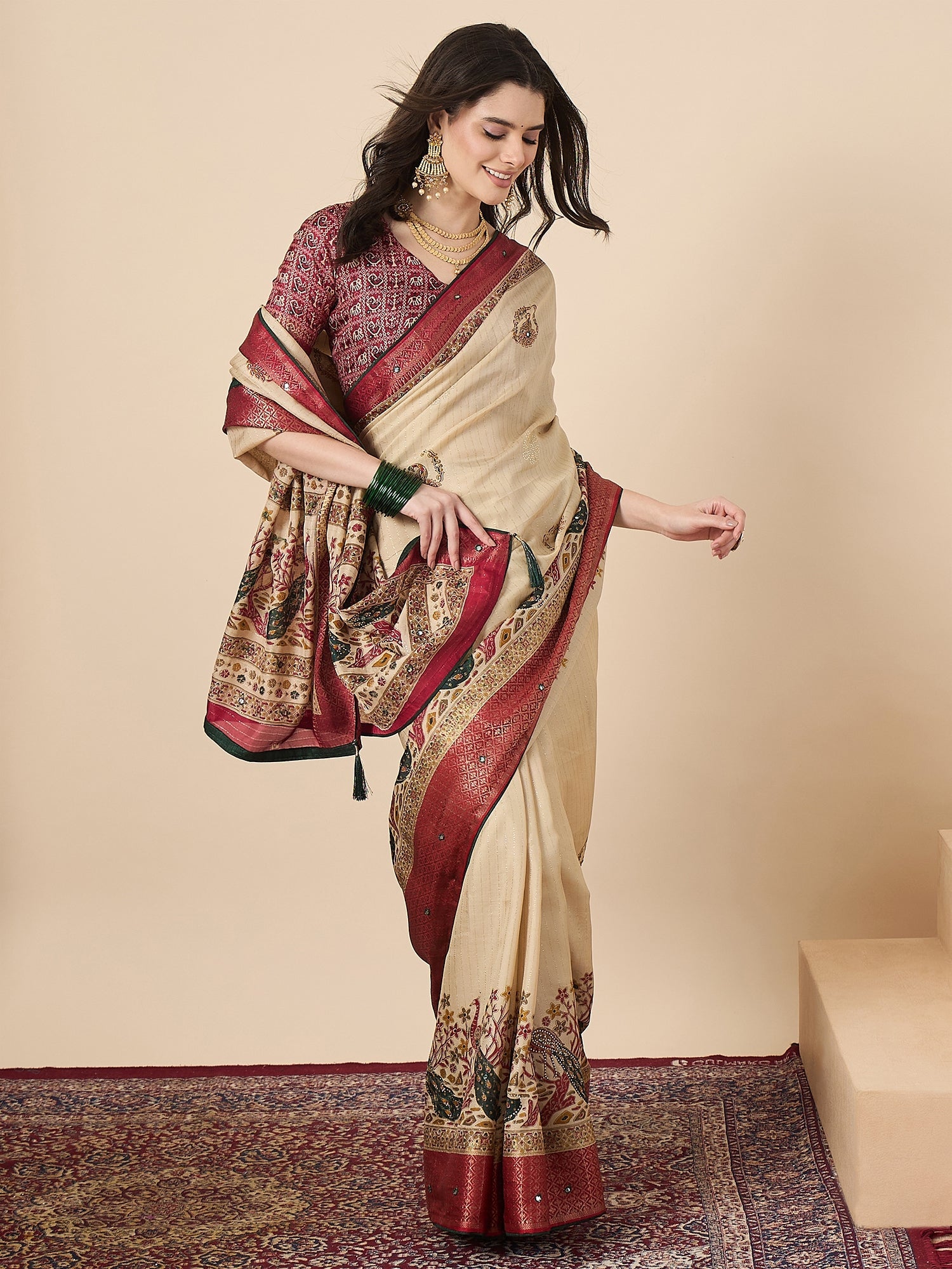 Cream & Red Kalamkari Silk Saree with Peacock Motifs - Ressa