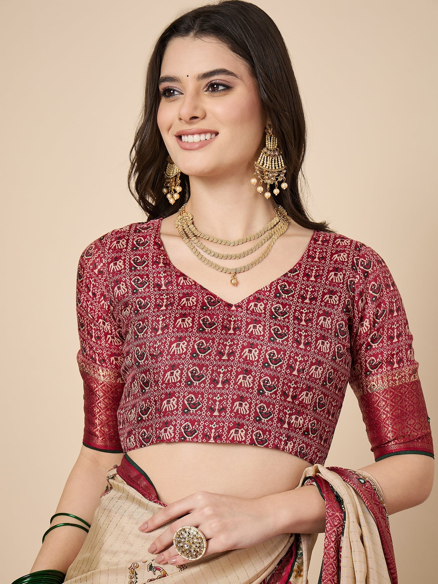 Cream & Red Kalamkari Silk Saree with Peacock Motifs - Ressa