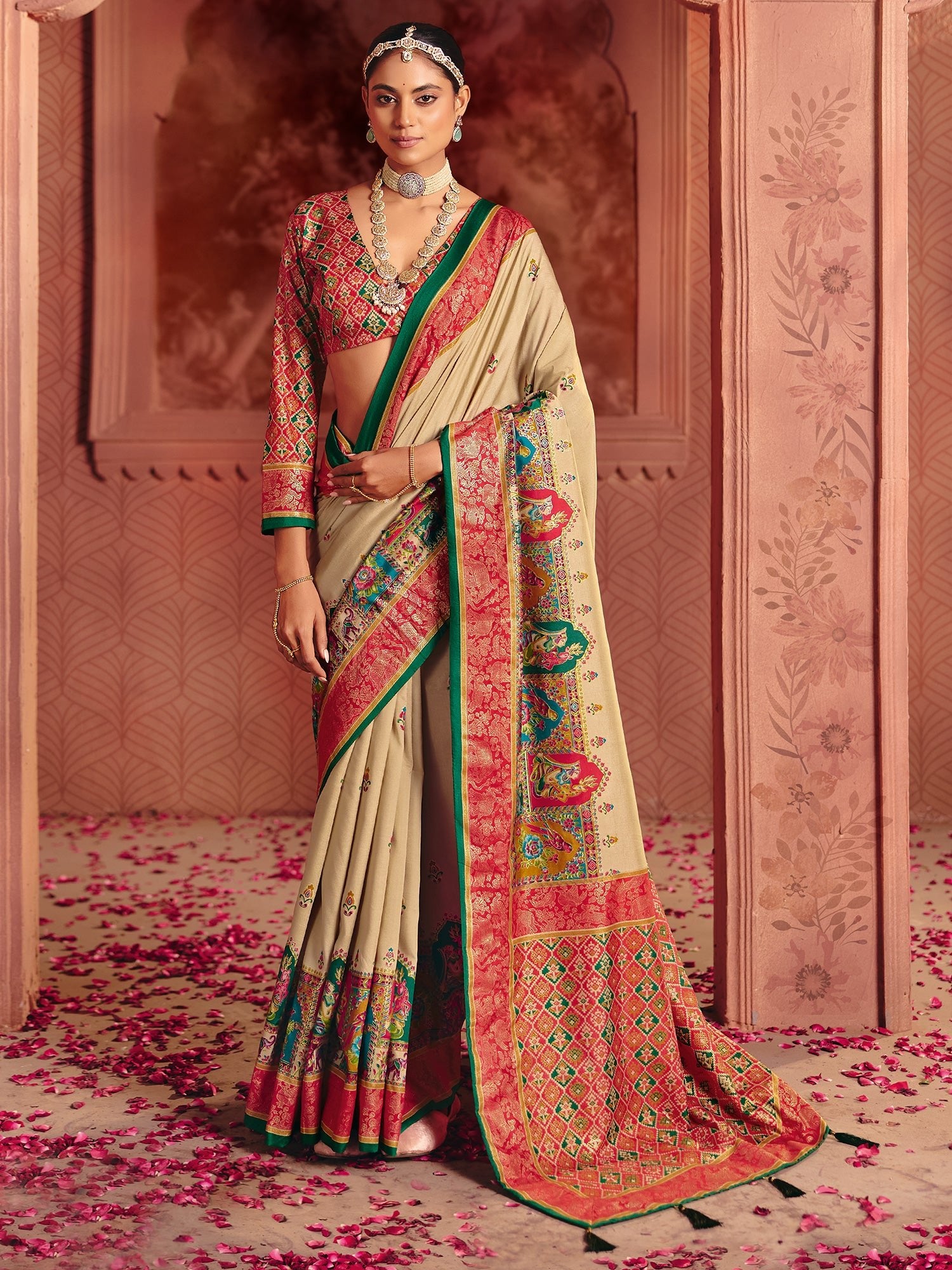Cream & Red Patola Silk Saree | - Ressa