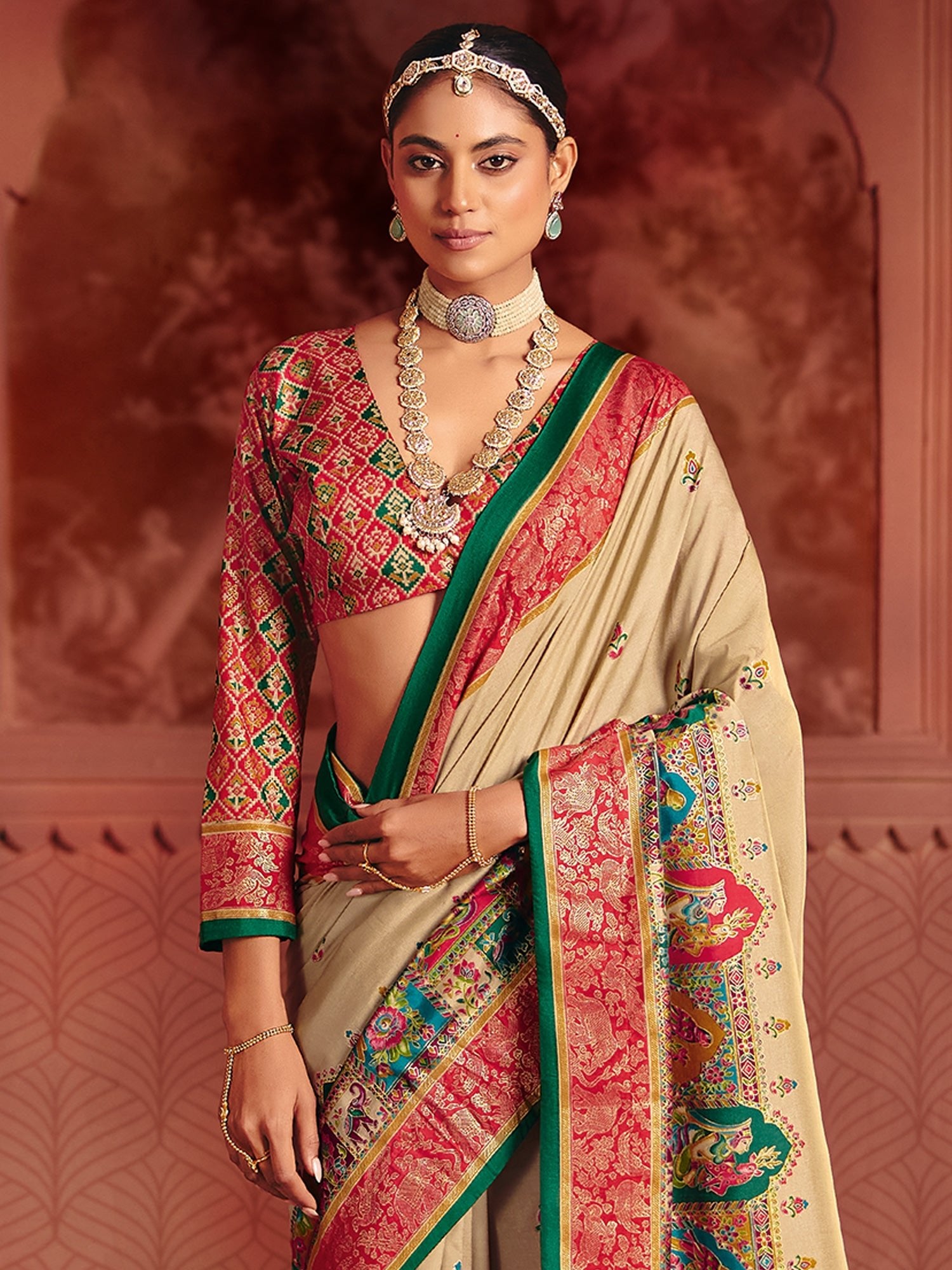 Cream & Red Patola Silk Saree | - Ressa