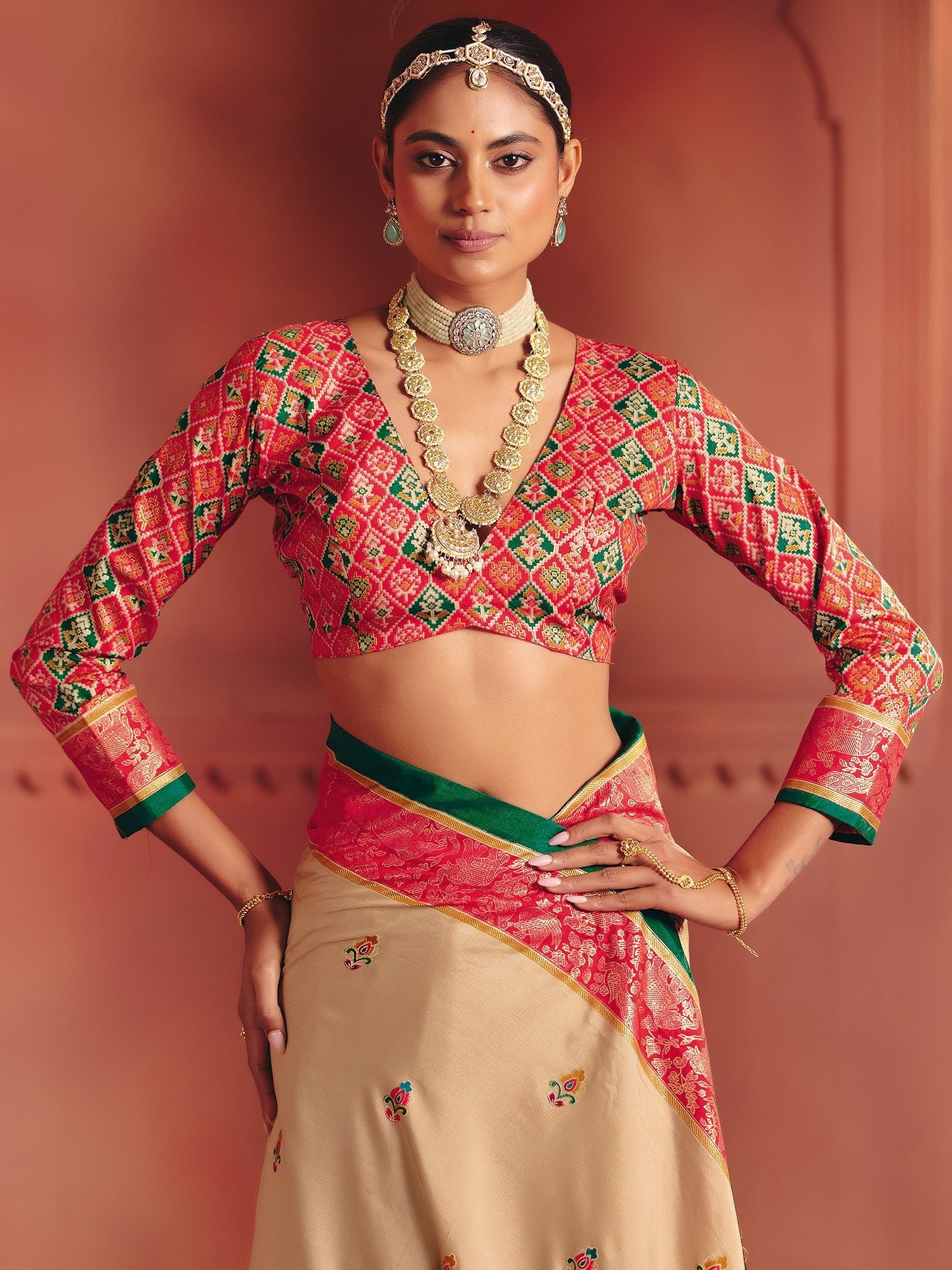 Cream & Red Patola Silk Saree | - Ressa