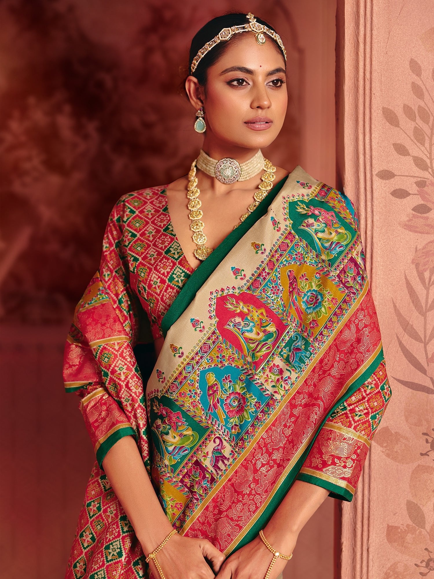 Cream & Red Patola Silk Saree | - Ressa