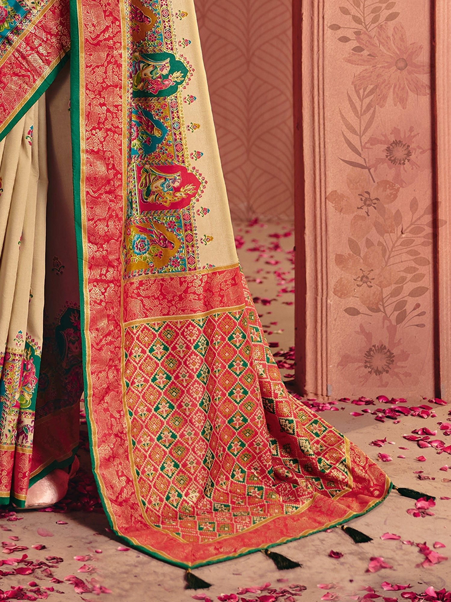Cream & Red Patola Silk Saree | - Ressa