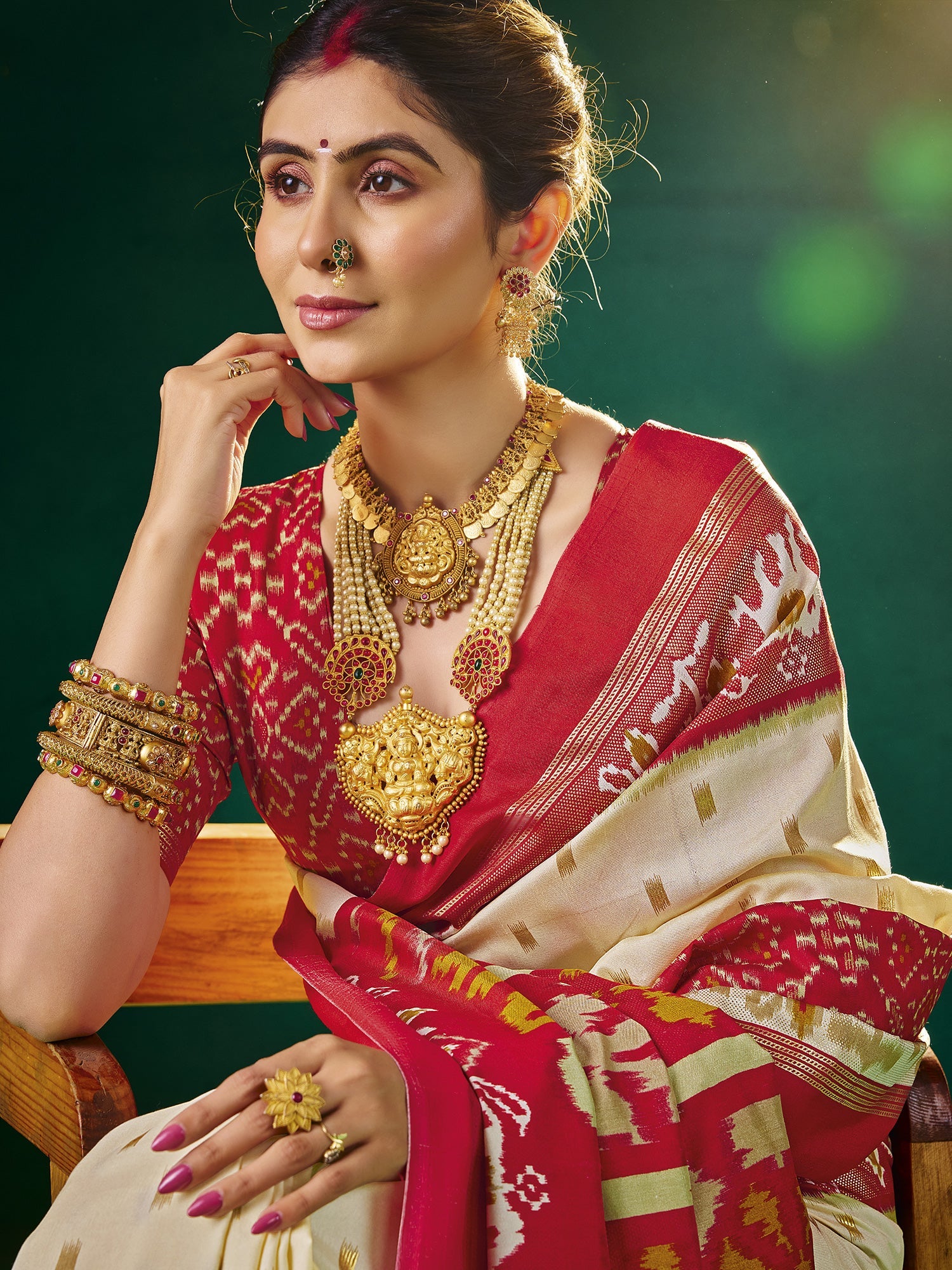 Cream & Red Patola Silk Saree with Zari Buti & Ikat Pallu - Ressa