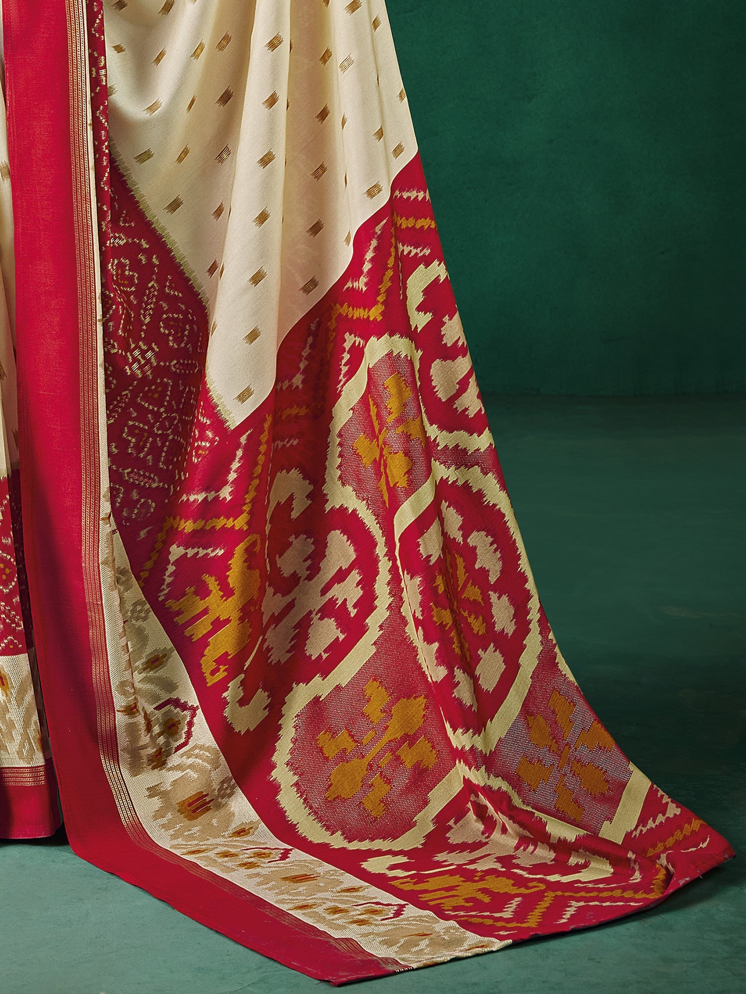 Cream & Red Patola Silk Saree with Zari Buti & Ikat Pallu - Ressa