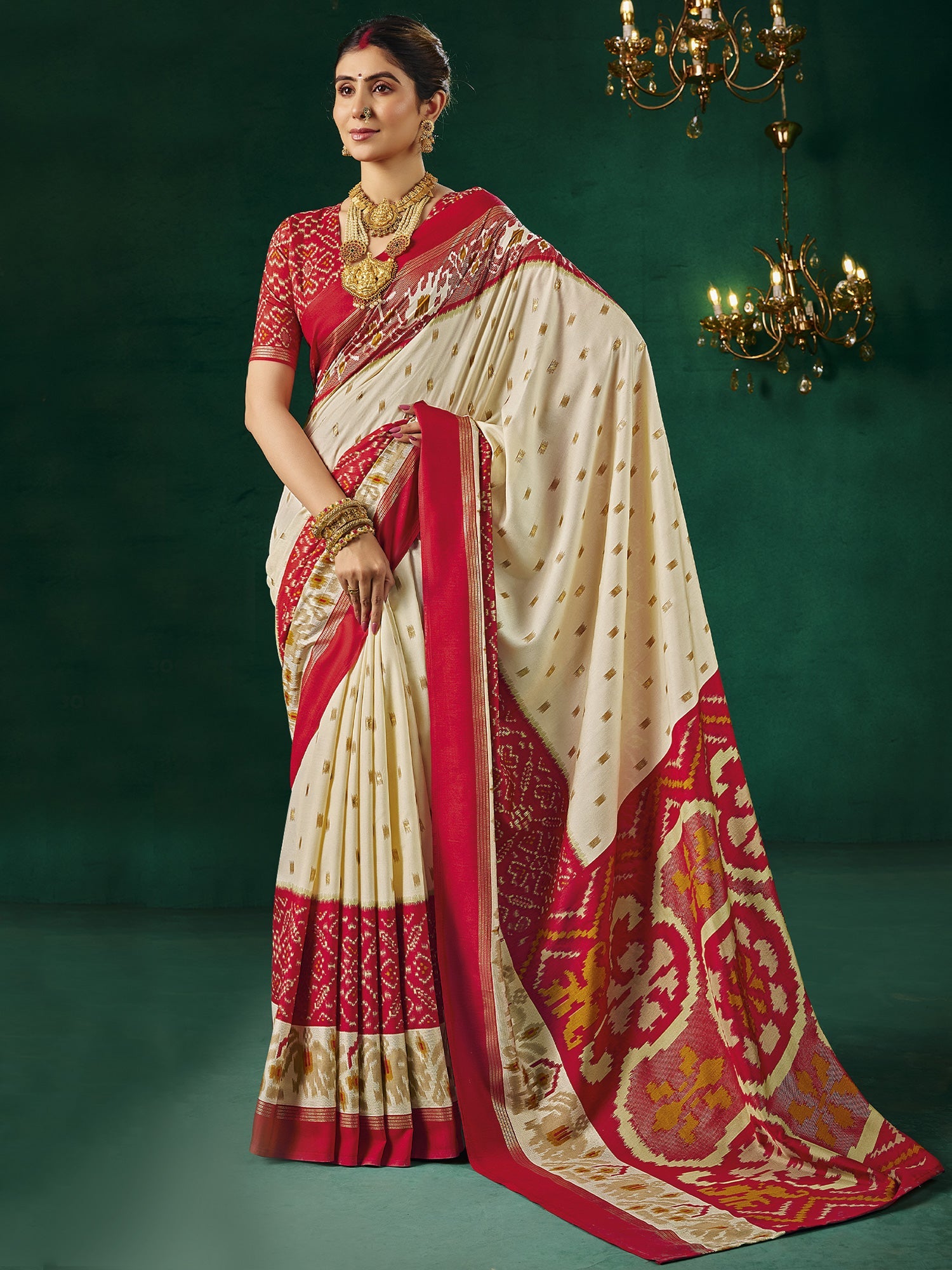 Cream & Red Patola Silk Saree with Zari Buti & Ikat Pallu - Ressa