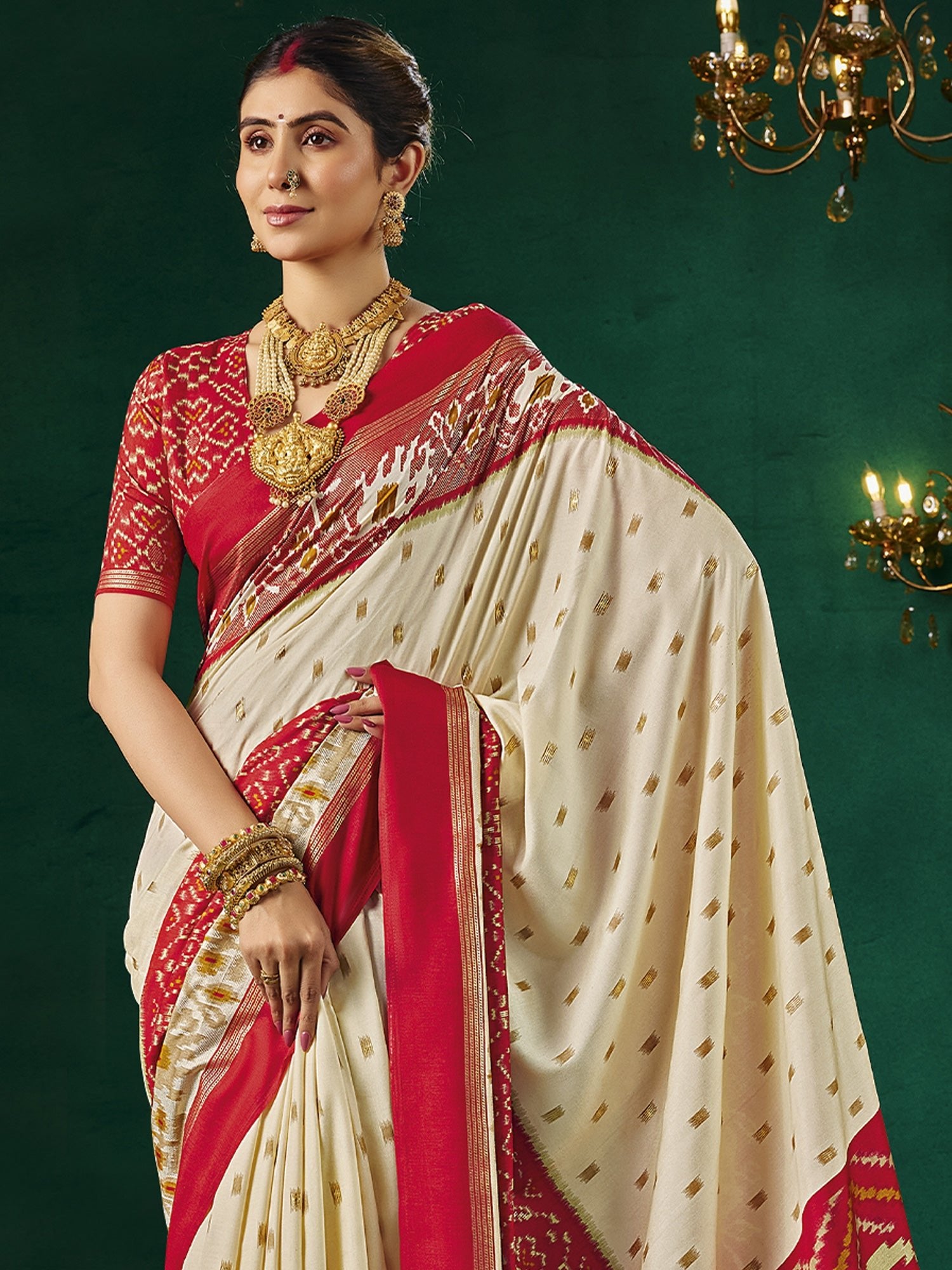 Cream & Red Patola Silk Saree with Zari Buti & Ikat Pallu - Ressa