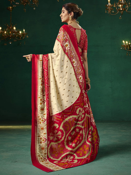 Cream & Red Patola Silk Saree with Zari Buti & Ikat Pallu - Ressa