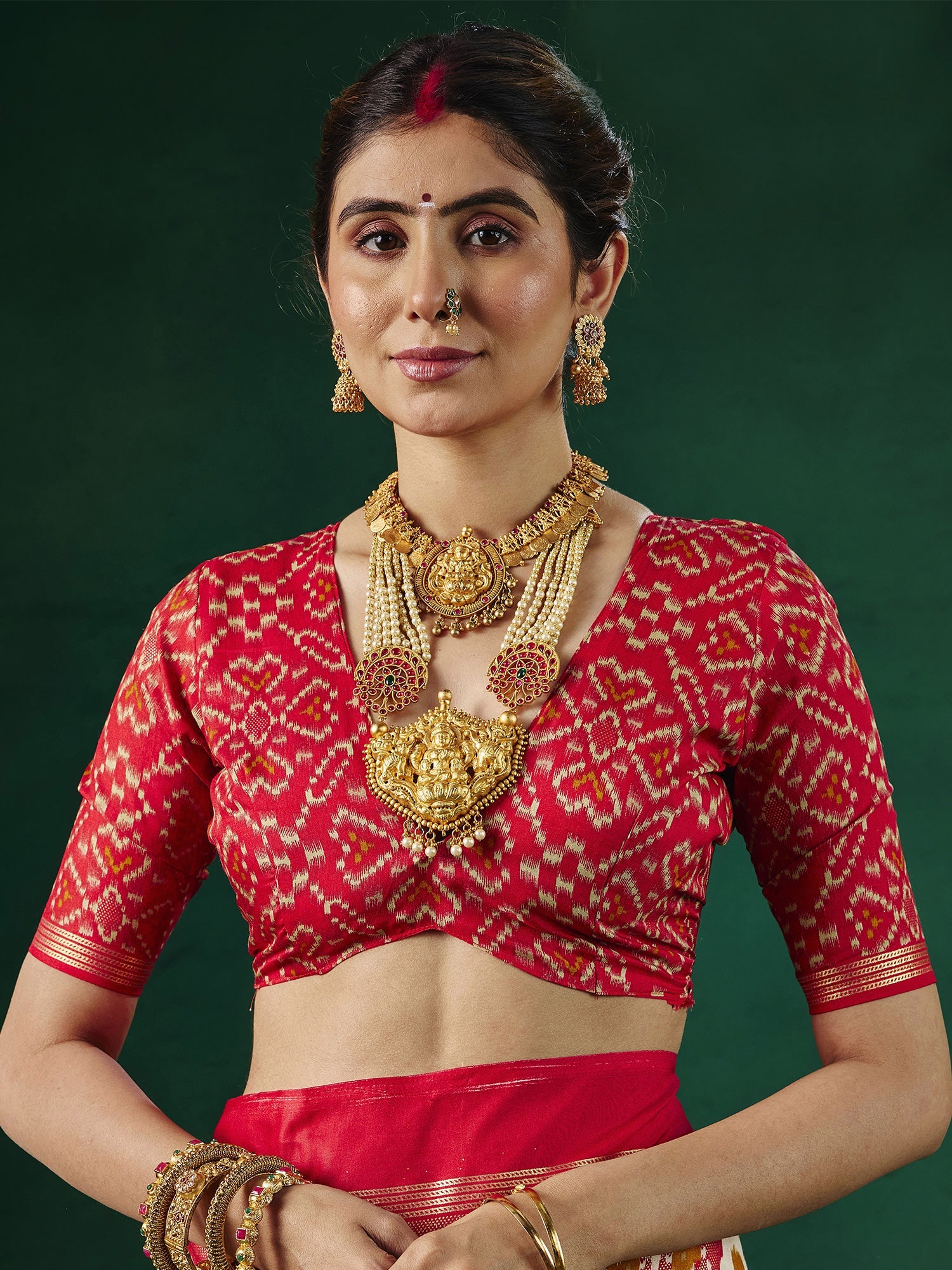 Cream & Red Patola Silk Saree with Zari Buti & Ikat Pallu - Ressa