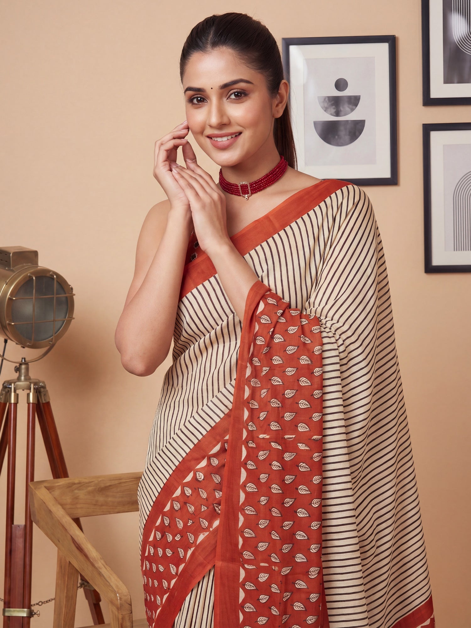 Cream Saree Striped Print Cotton Saree - Ressa